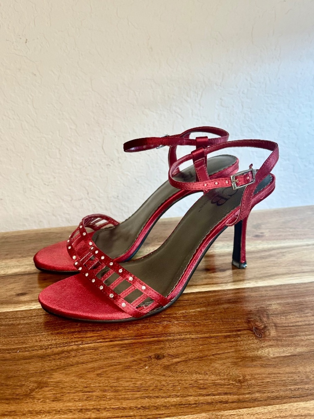 CB Collections Elegant Red Satin Heels with Rhinestones